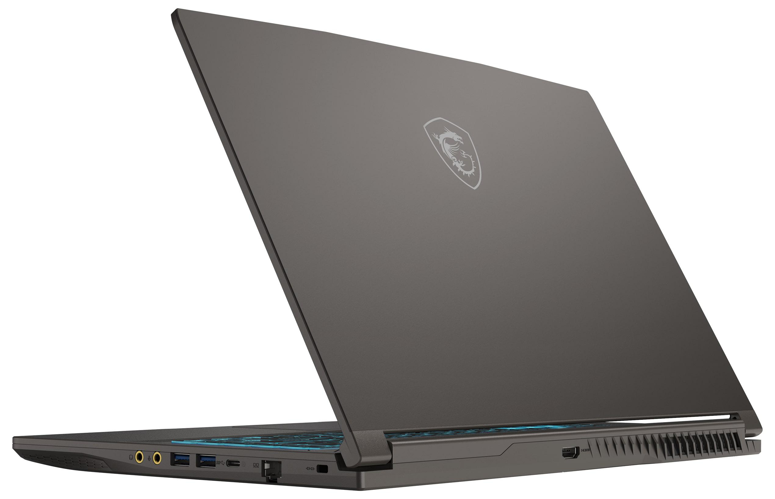 Dunkelgrauer Laptop, aus einem Winkel betrachtet, mit Anschlüssen und Logo.