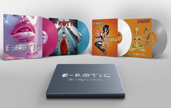 Mehrere E-rotic Vinylplatten mit farbenfrohen Covern und eine graue Box mit dem Namen der Band.