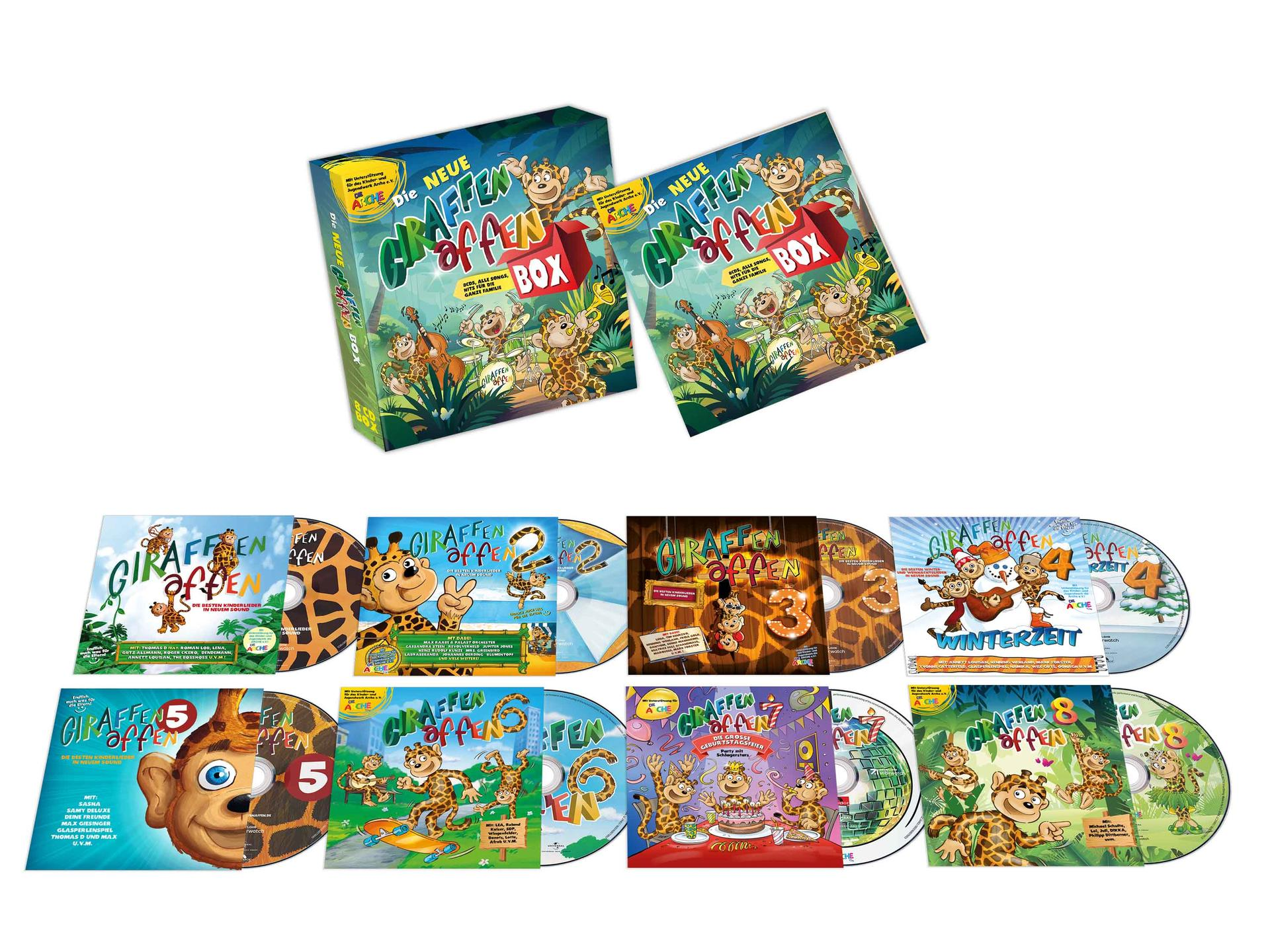 Schachteln mit Kinder-DVDs mit Zeichentrick-Giraffen sind zu sehen.