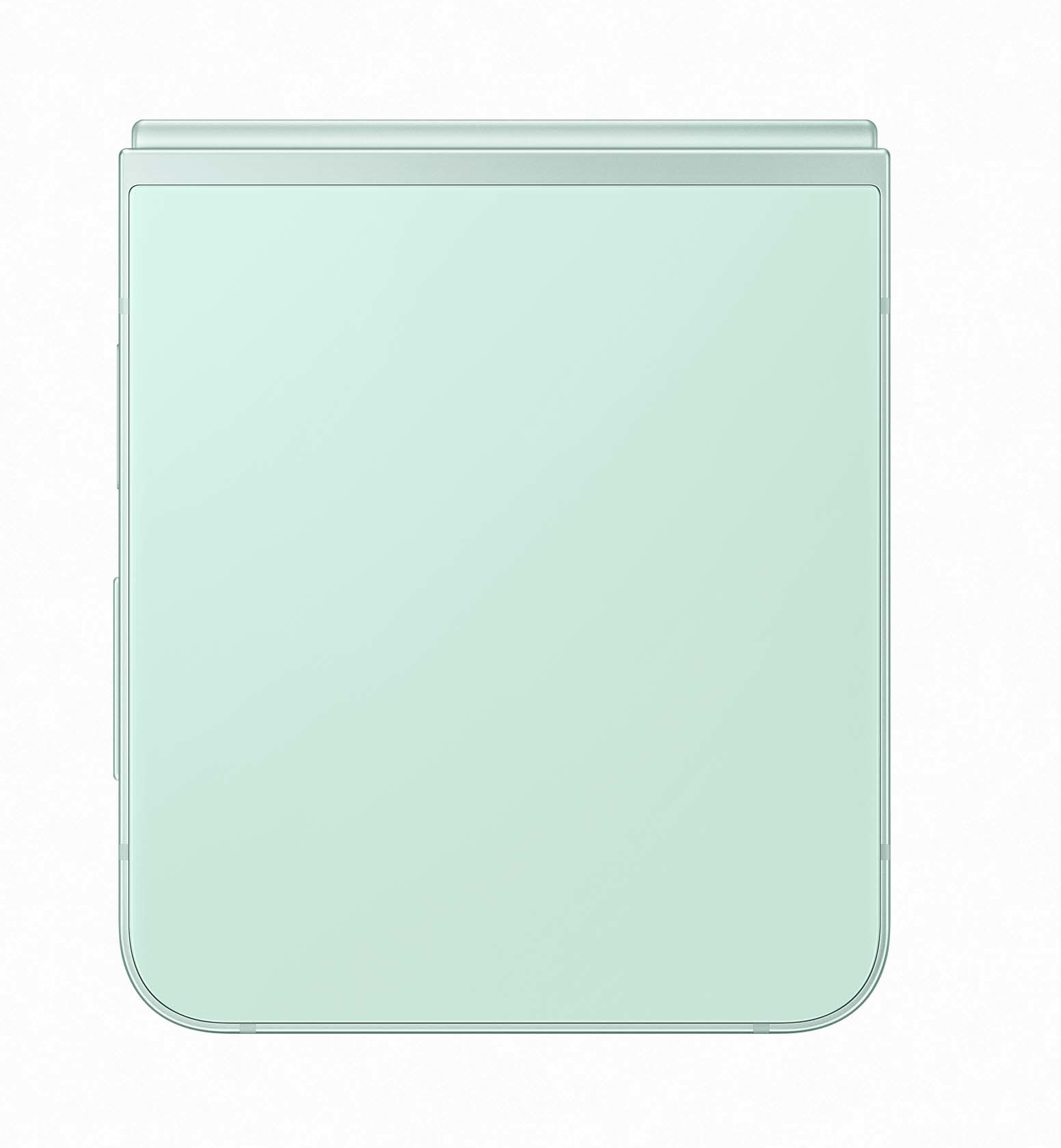 Zamknięty, zielony telefon składany. Minimalistyczny design, zaokrąglone rogi.