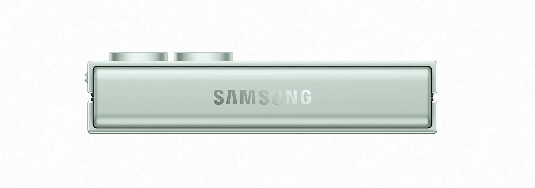 Srebrne urządzenie Samsung z dwoma przyciskami u góry i napisem SAMSUNG.
