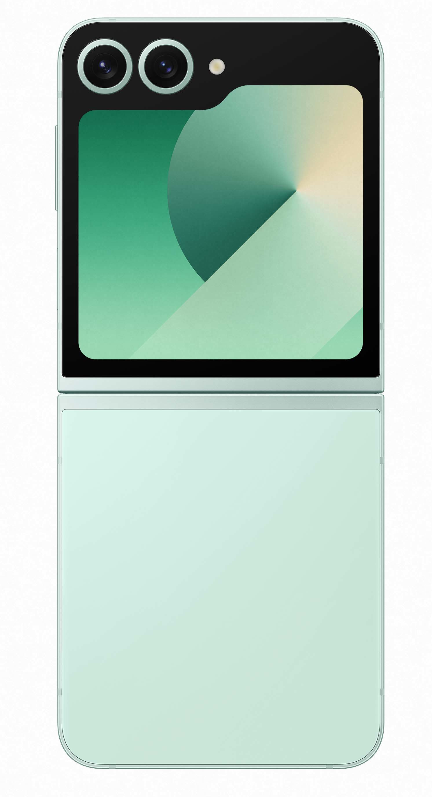 Zielony i czarny Samsung Galaxy Z Flip, złożony. Dwa aparaty u góry, widoczny otwarty ekran.