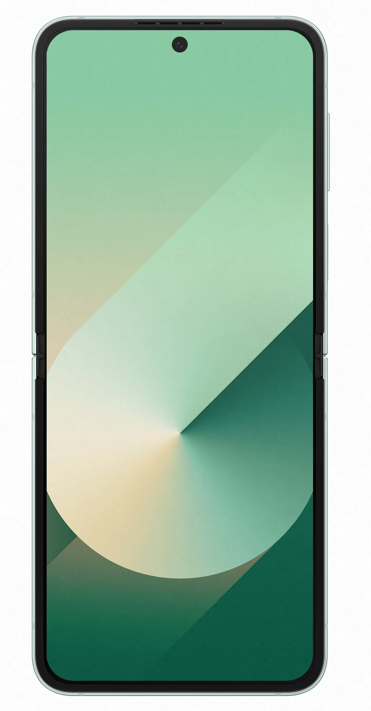 Składany smartfon, otwarty, z zielono-białym gradientowym wyświetlaczem na białym tle.