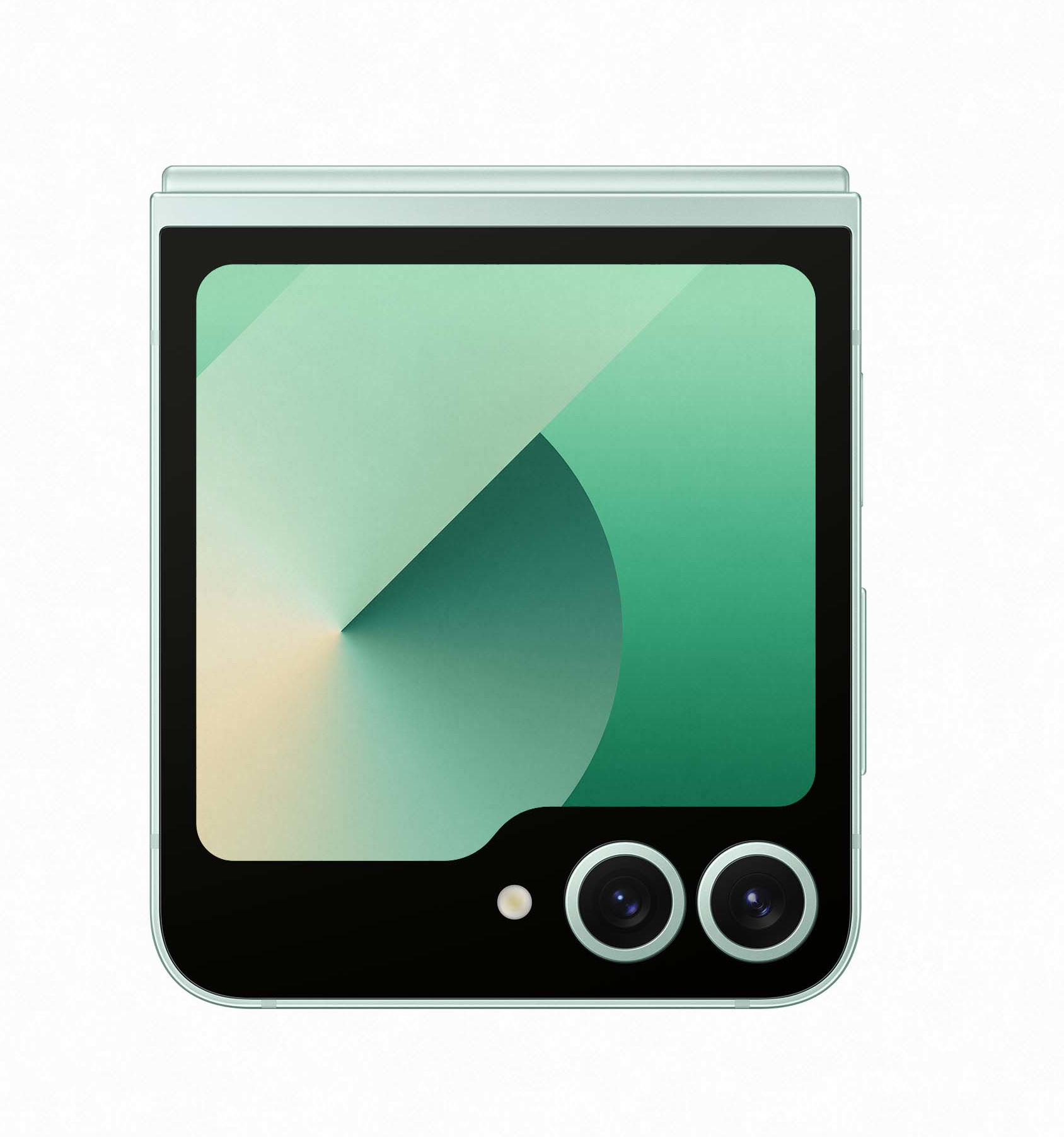 Składany miętowo-zielony smartfon. Ekran wyświetla zielono-biały gradient.