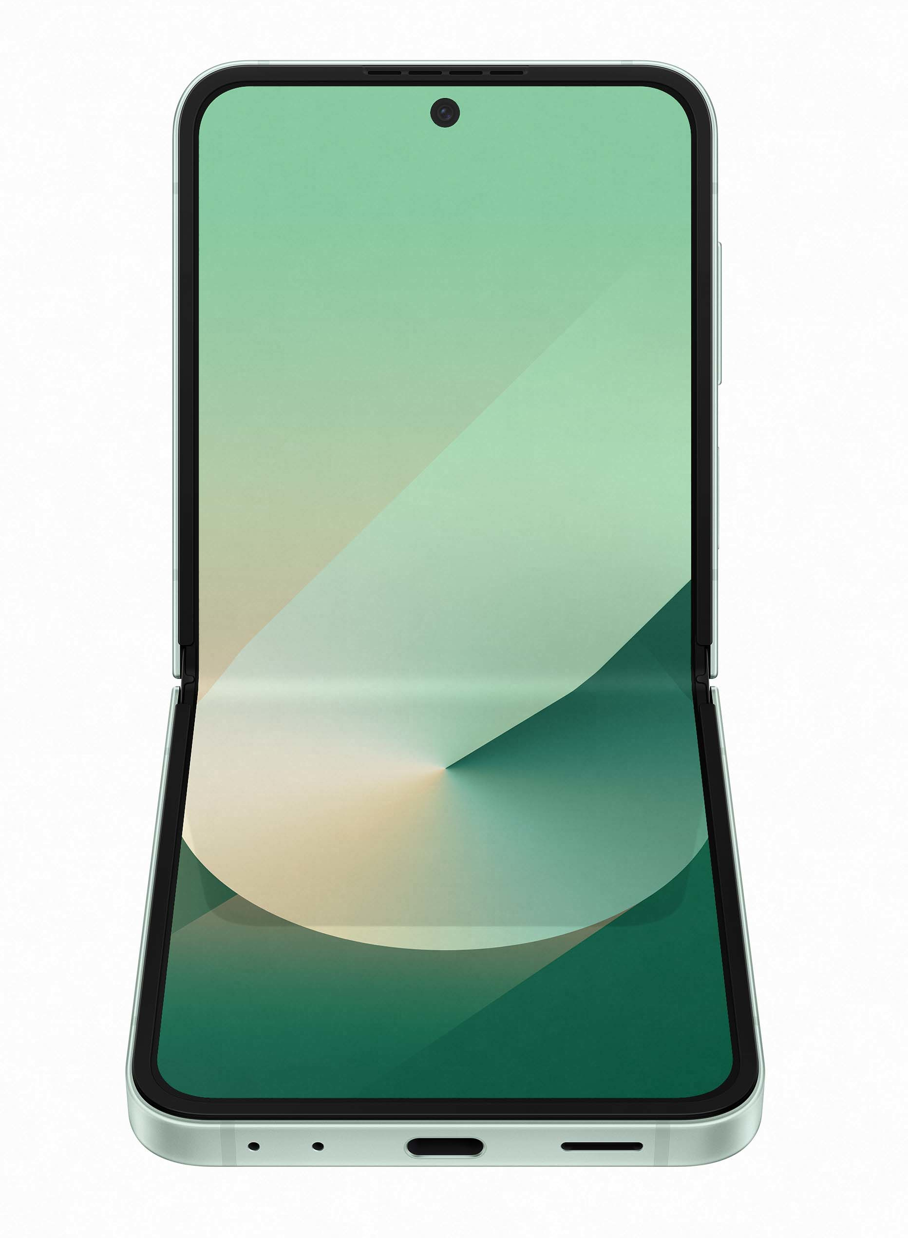 Składany telefon, otwarty, wyświetlający zielony ekran. Mała kamera jest widoczna.