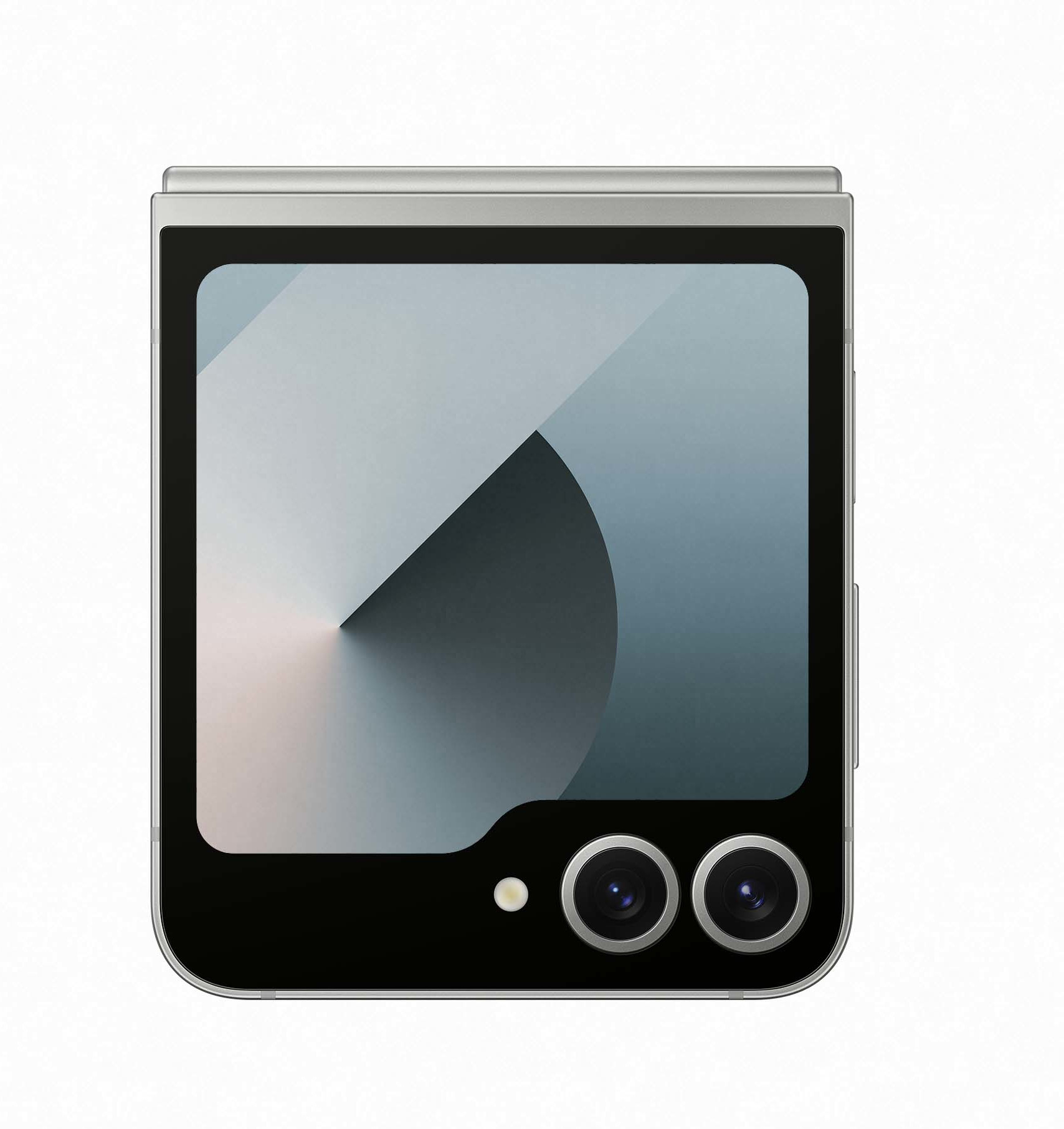 Srebrno-czarny składany telefon, otwarty, widok z przodu.