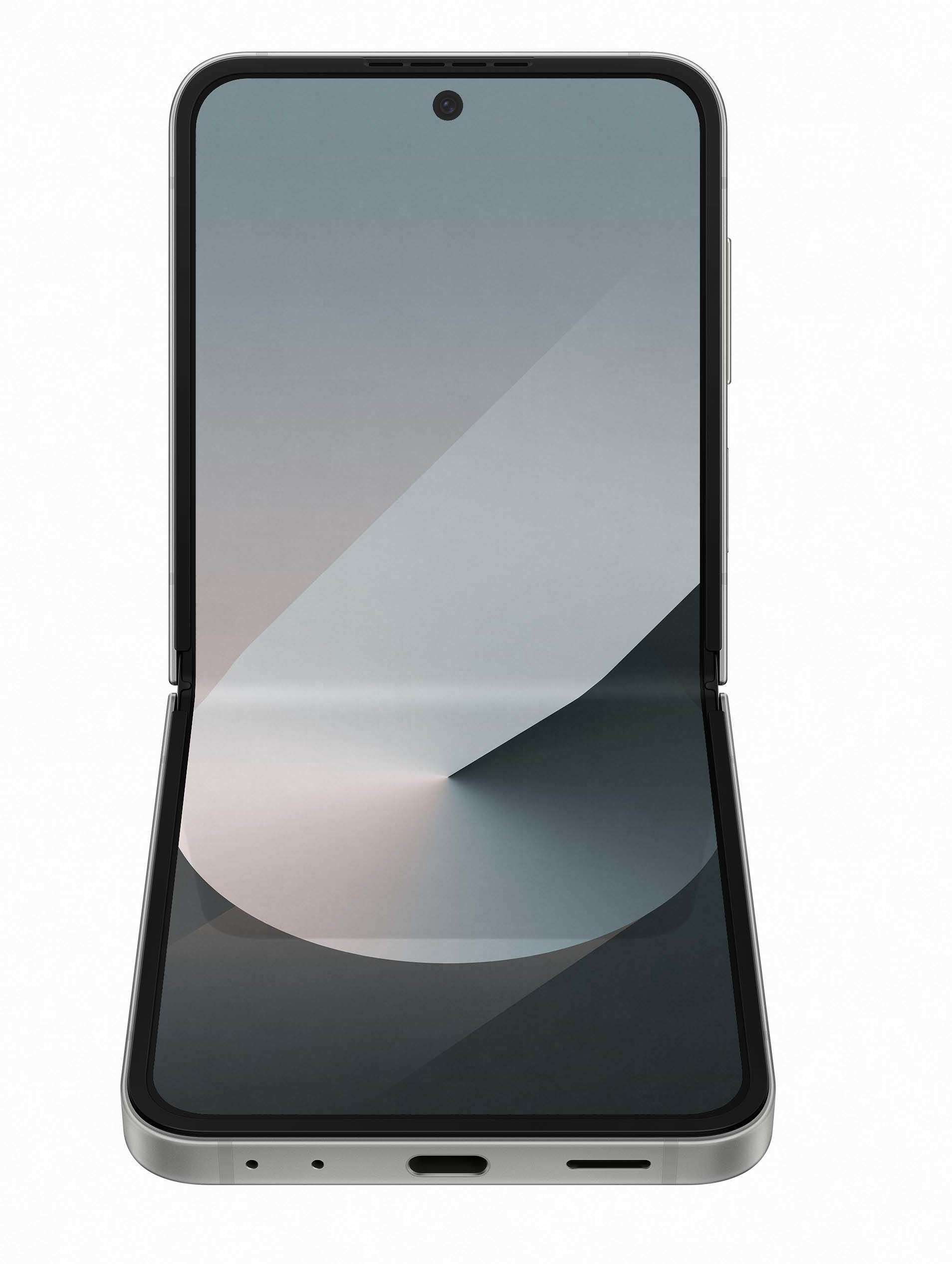 Srebrny składany smartfon w pozycji otwartej, pokazujący ekran z gradientowym tłem, białe tło.