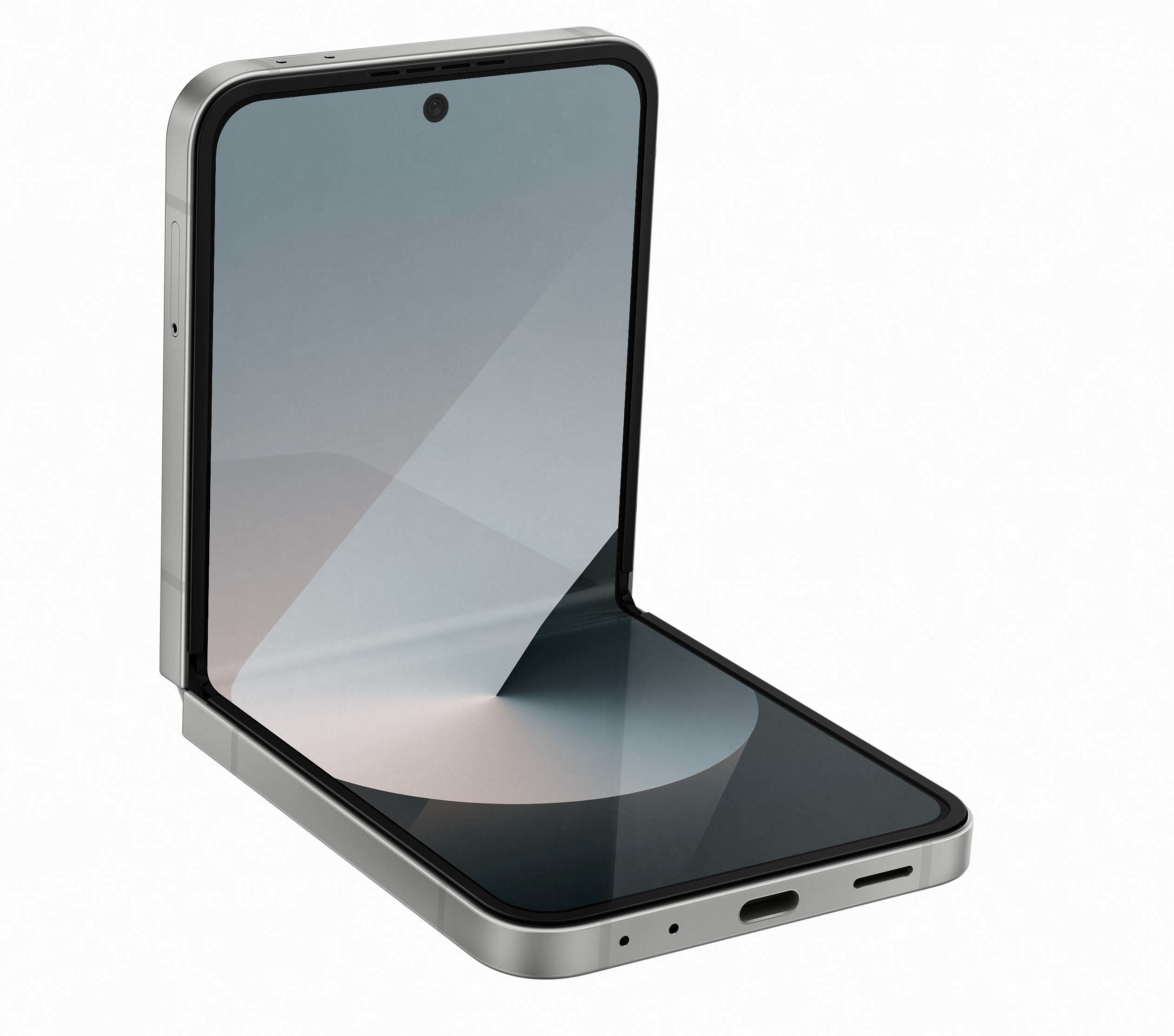 Srebrny składany smartfon, częściowo otwarty, na białym tle.