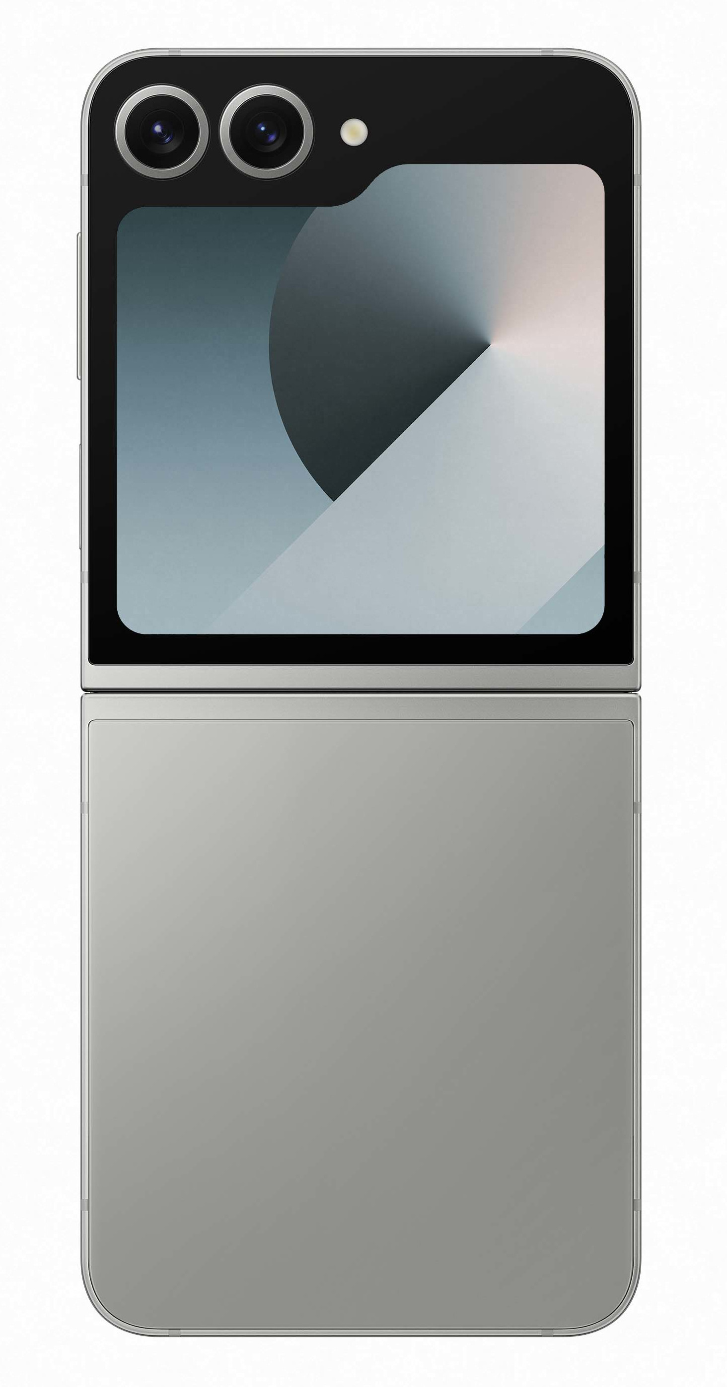 Srebrny składany telefon, otwarty, z dwoma aparatami i ekranem z grafiką.