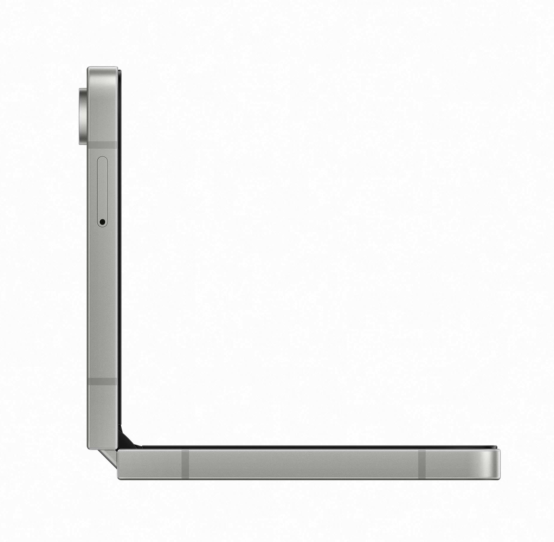 Srebrny składany smartfon w kształcie litery L na białym tle.