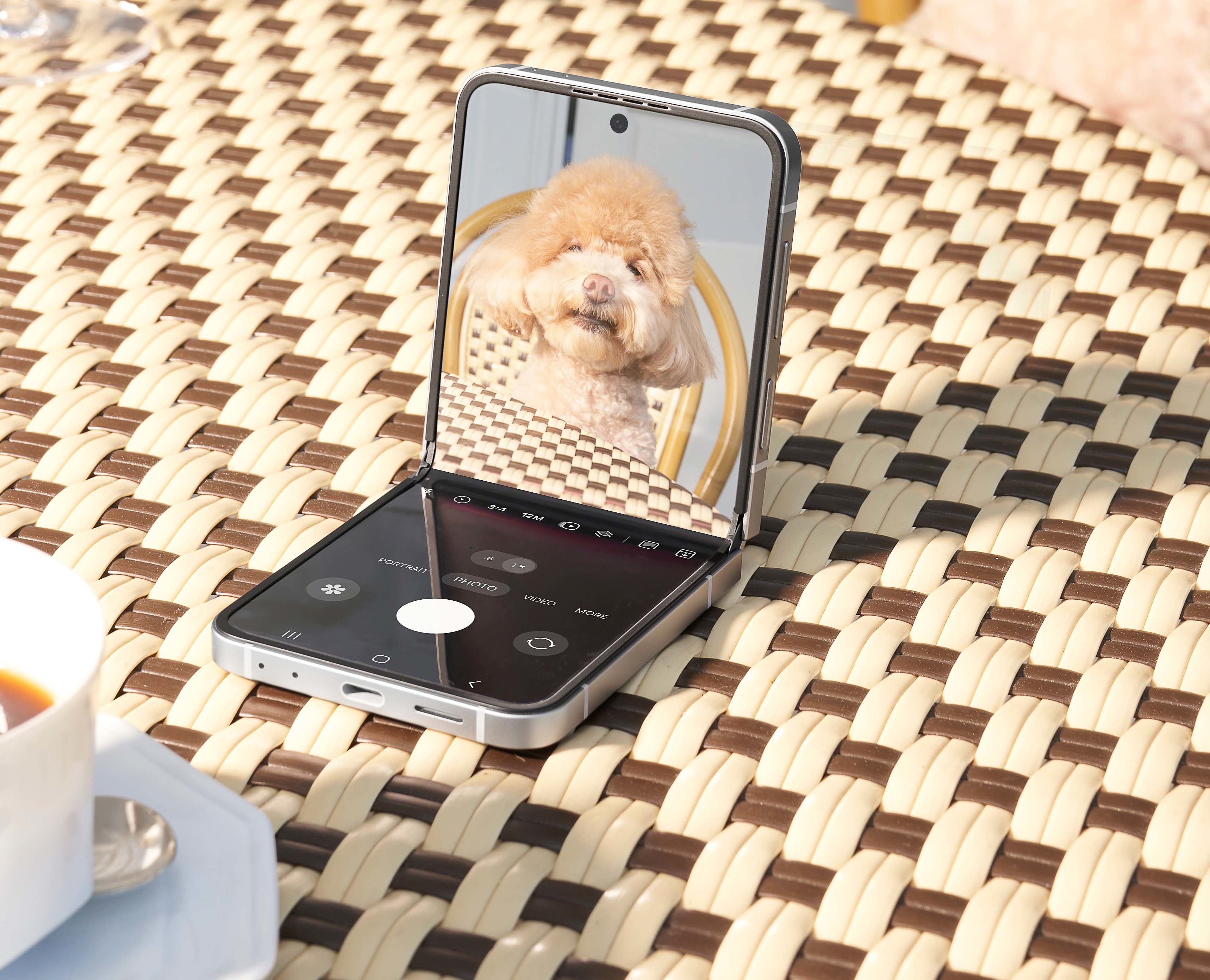 Składany telefon otwarty na stole. Wyświetla twarz psa. Tkana mata.