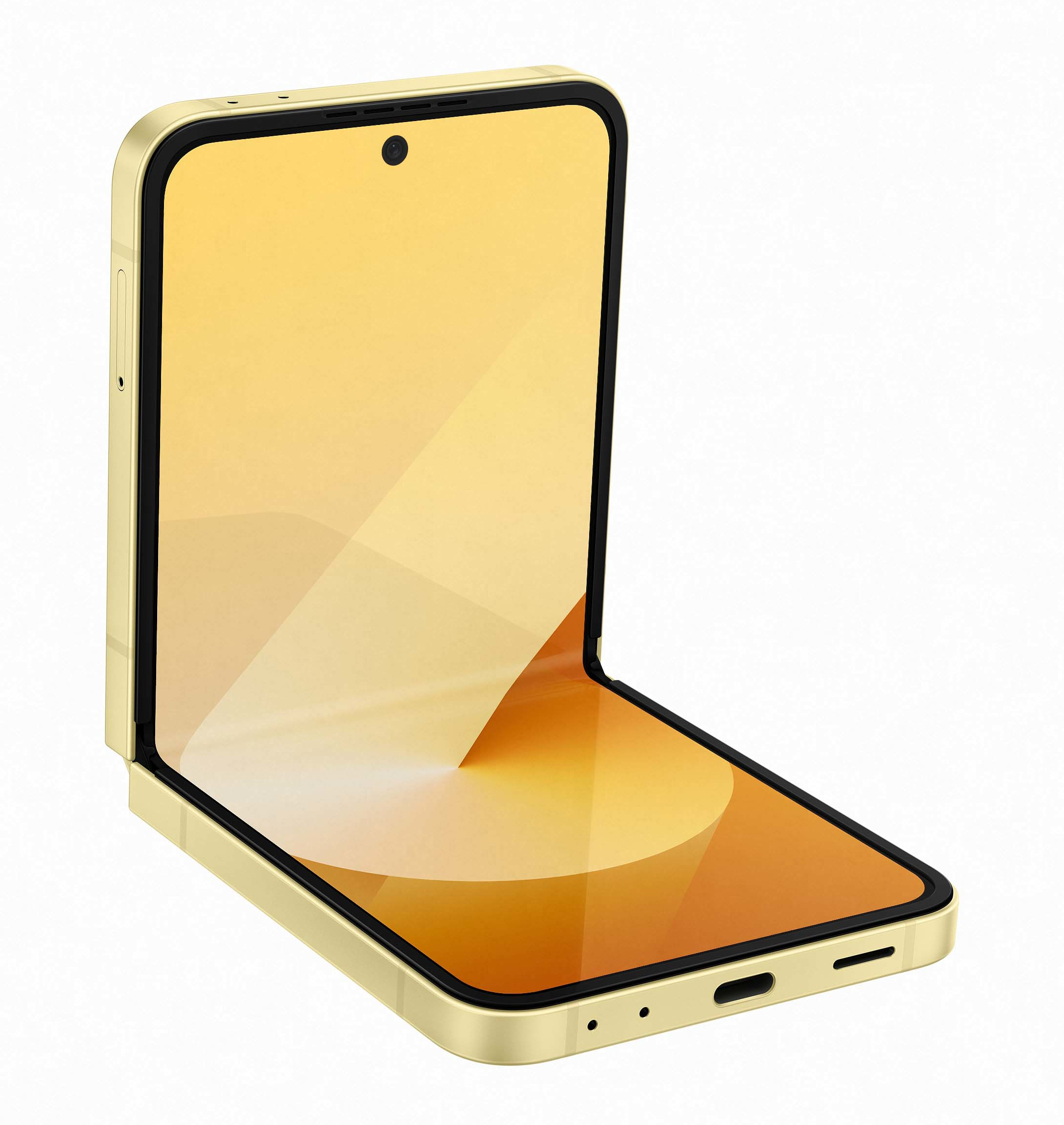 Złoty telefon z klapką. Telefon jest otwarty, pokazując wewnętrzny ekran i dolną część.
