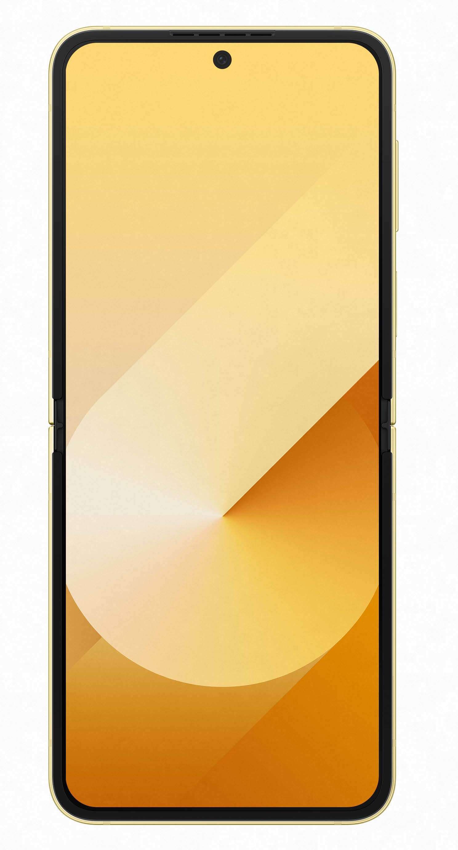 Składany złoty smartfon z okrągłym wzorem na ekranie. Białe tło.