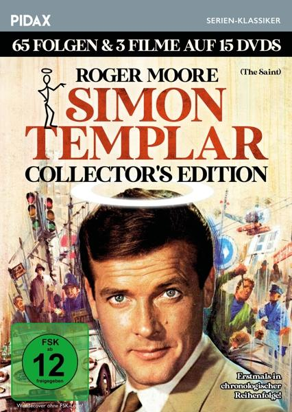 DVD-Cover: Roger Moore als "The Saint". Text enthält "Collector's Edition" und "65 Episoden".