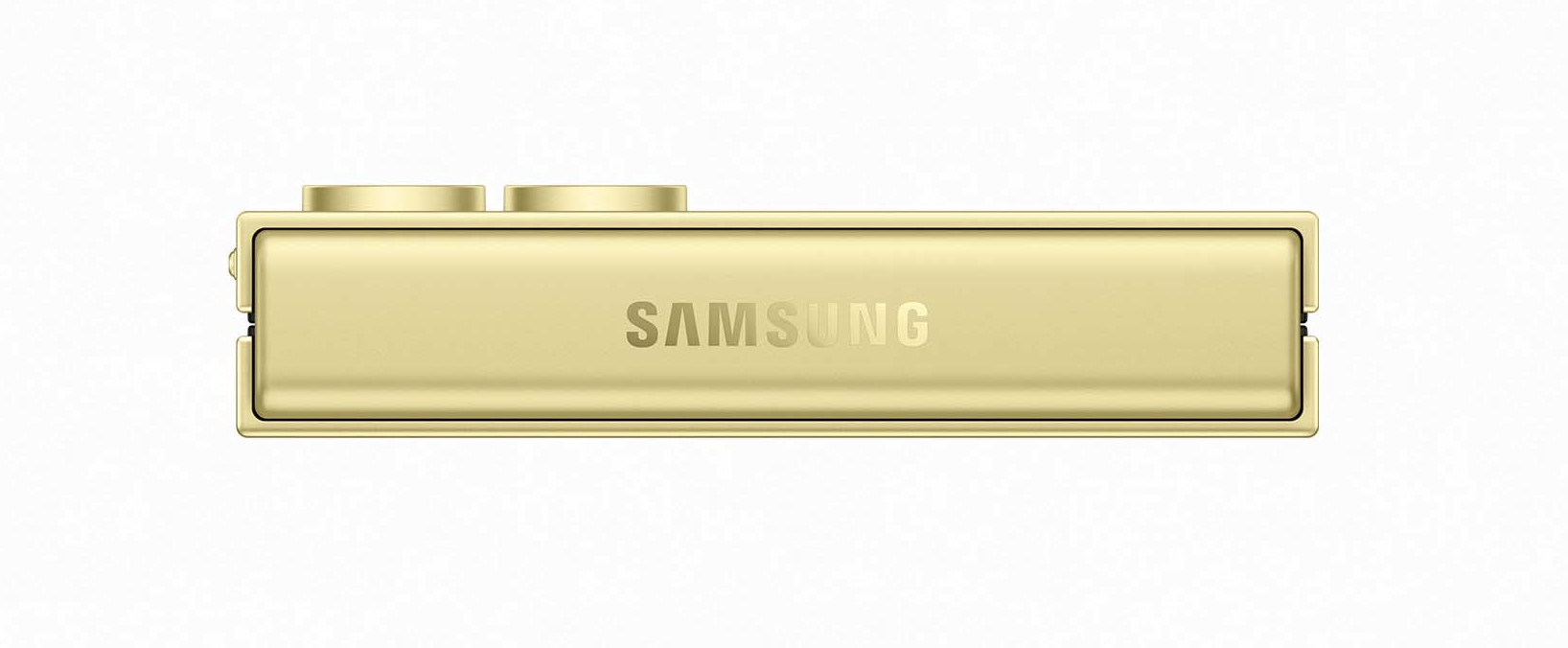 Złote, prostokątne urządzenie z napisem SAMSUNG i dwoma przyciskami u góry.