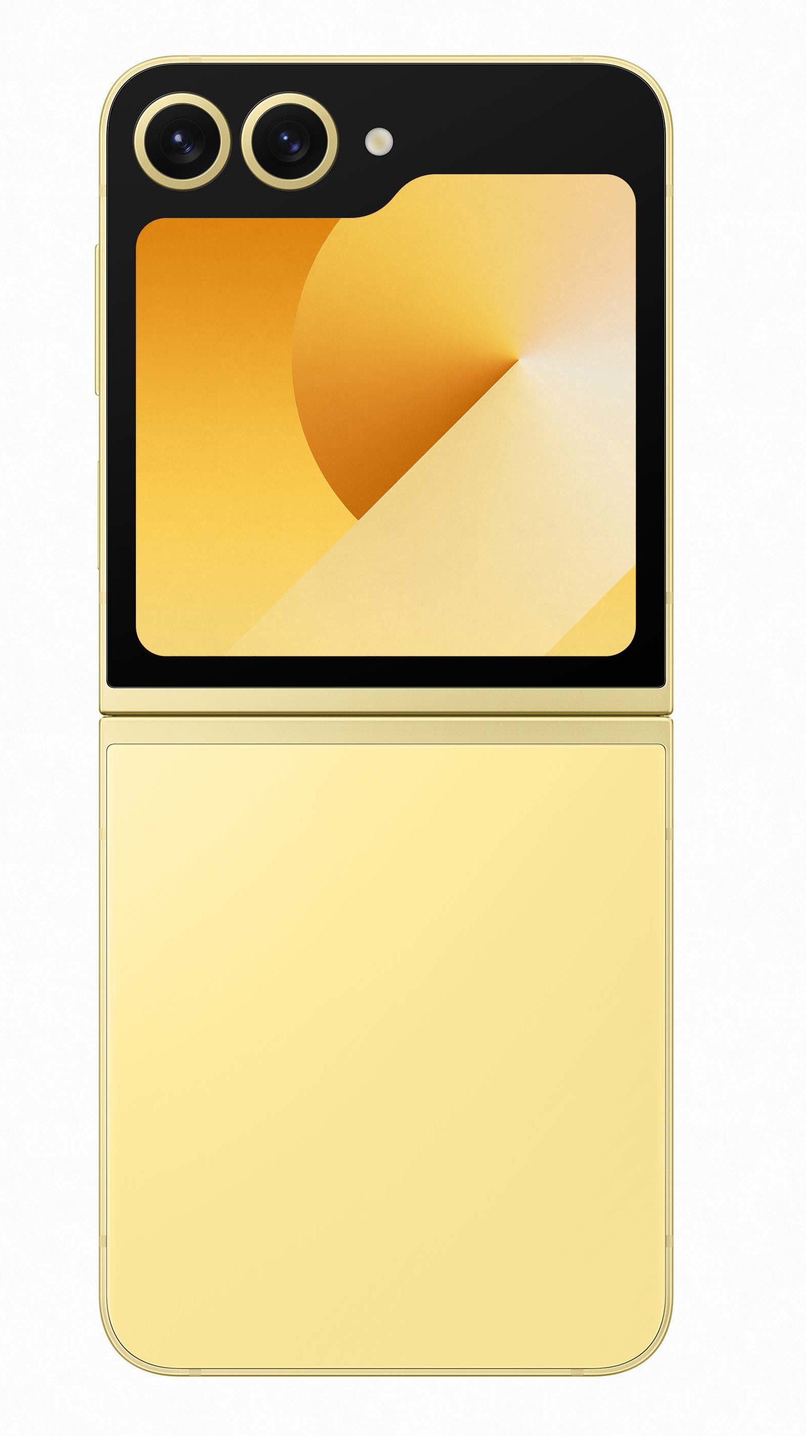 Złoty składany telefon, otwarty, pokazujący ekran z abstrakcyjnym złotym wzorem.