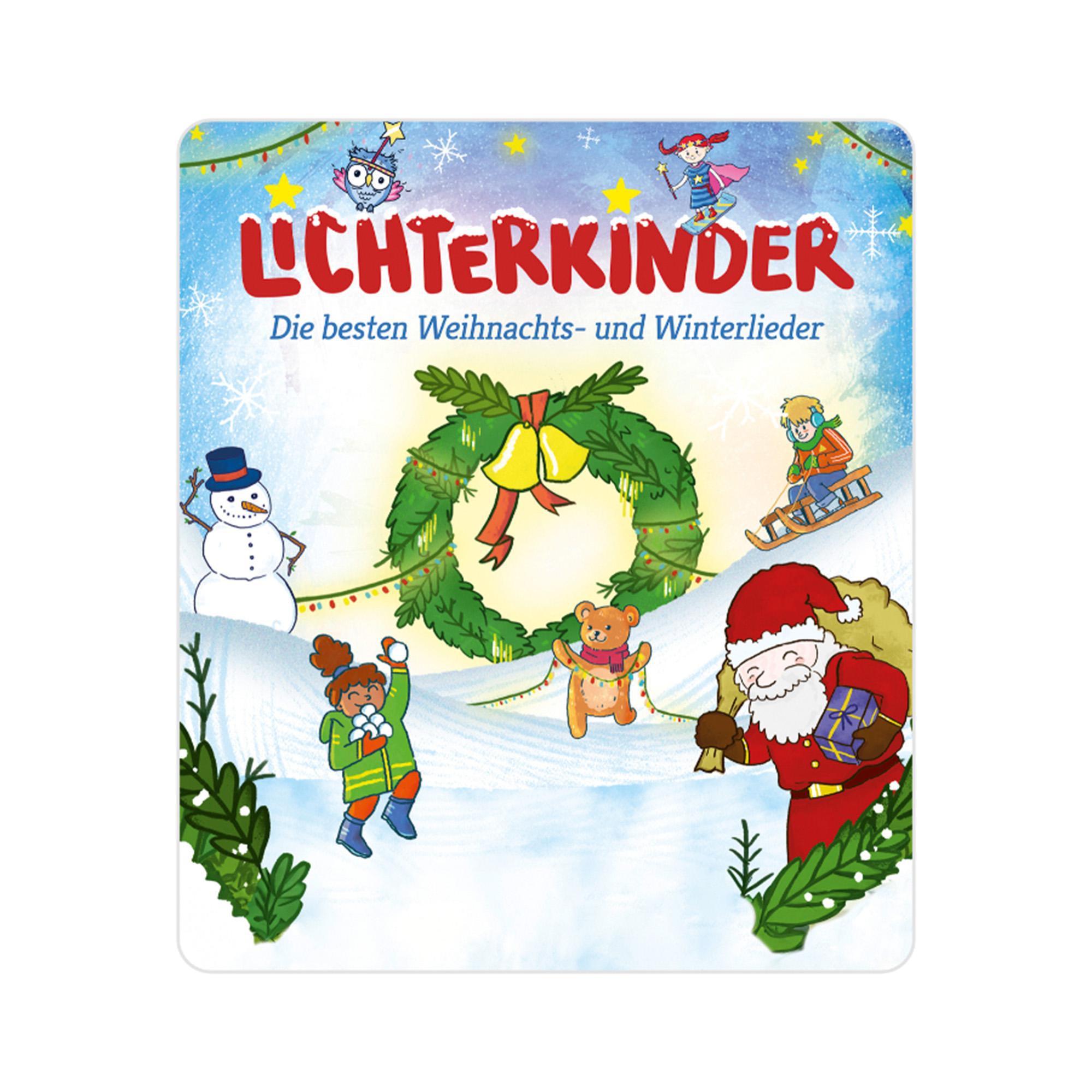 Weihnachtskarte mit Illustrationen von Schneemann, Santa und Kindern. Festliches Thema.