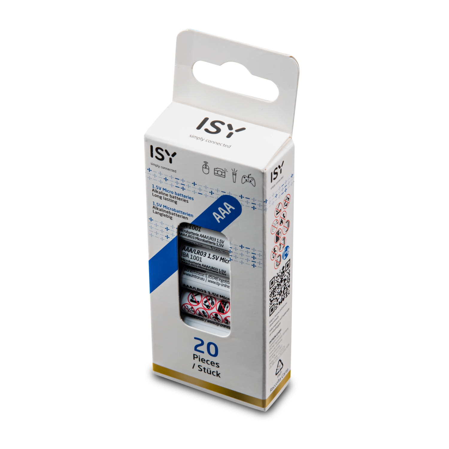 Box of ISY AAA batteries, white packaging with a blue stripe and text, containing batteries.