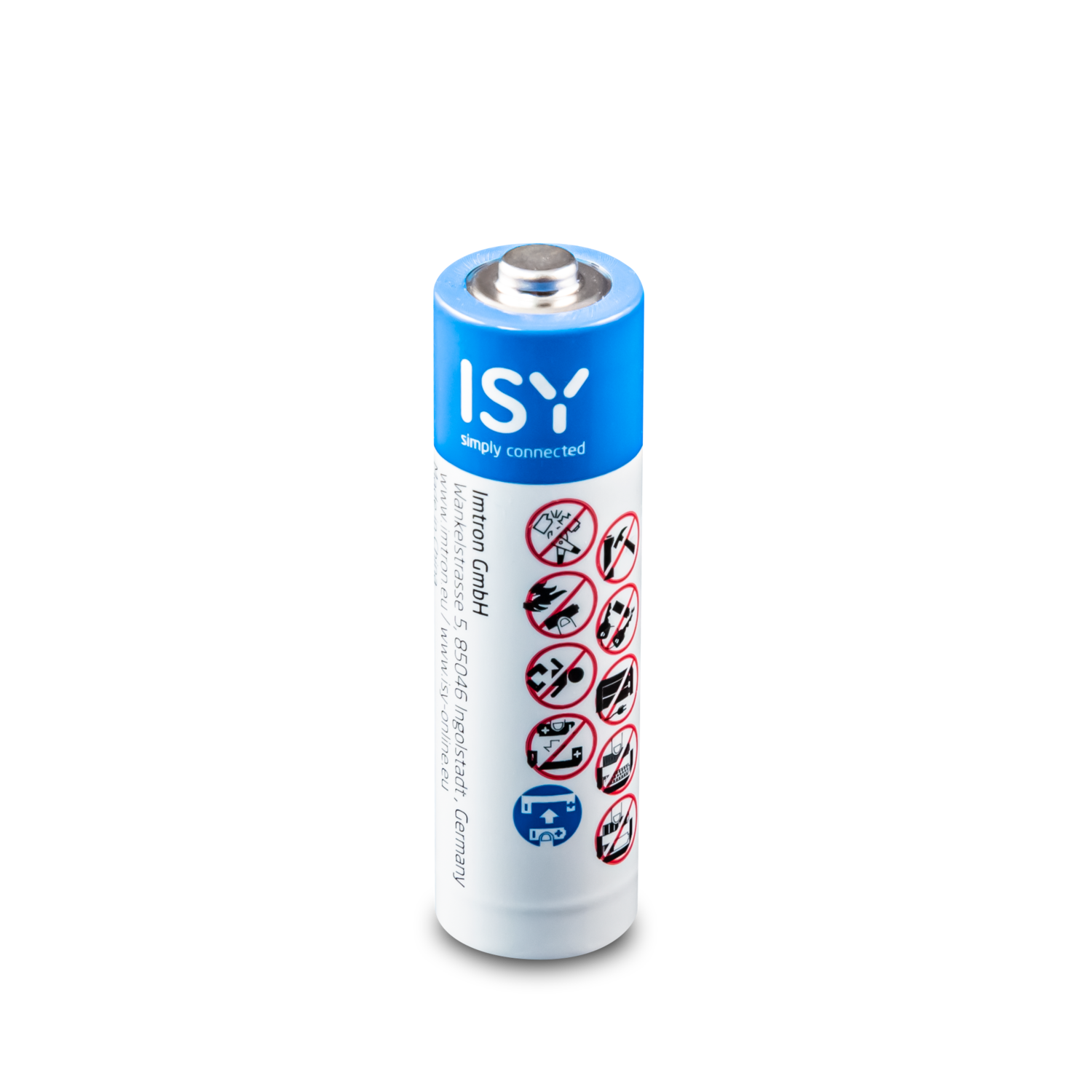 An ISY AA battery, blue and white, with warnings. Placed against a black background.