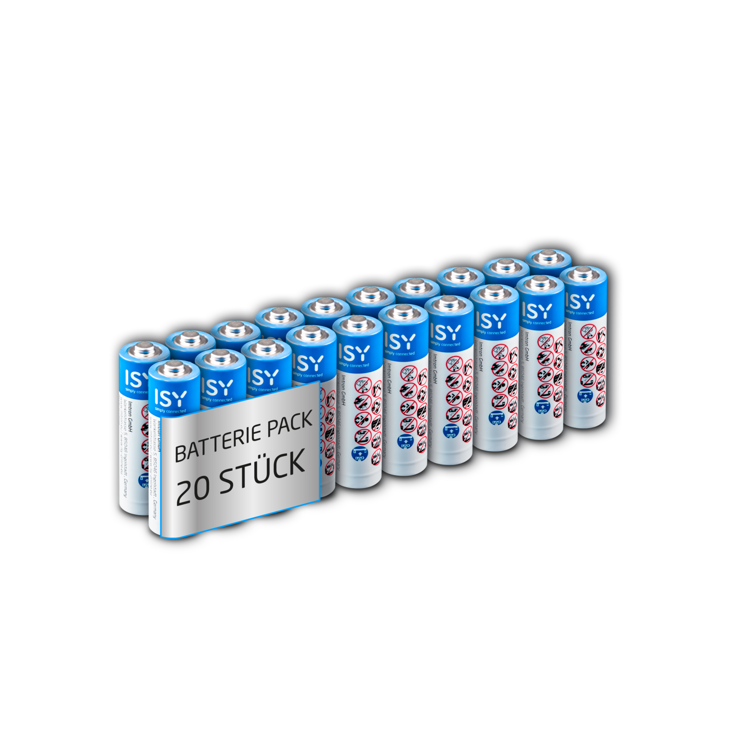 A pack of 20 AA batteries, with the label 'BATTERIE PACK 20 STÜCK' visible.