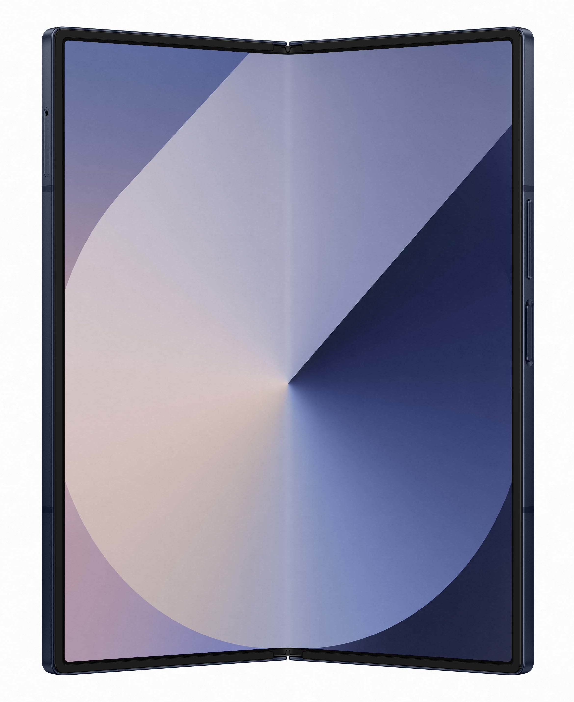Składany tablet z niebiesko-fioletowym gradientowym wyświetlaczem.