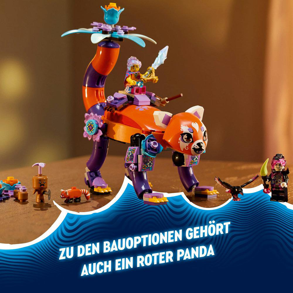 Ein Lego-Roter Panda mit einer Person auf dem Rücken. Andere Lego-Figuren sind in der Nähe.