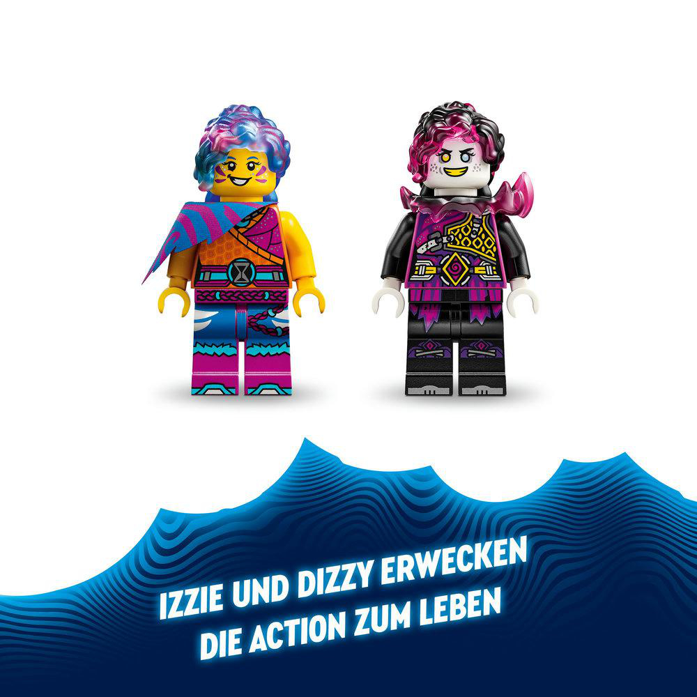Zwei LEGO-Figuren, Izzie und Dizzy, stehen vor einem blauen, wirbelnden Hintergrund.