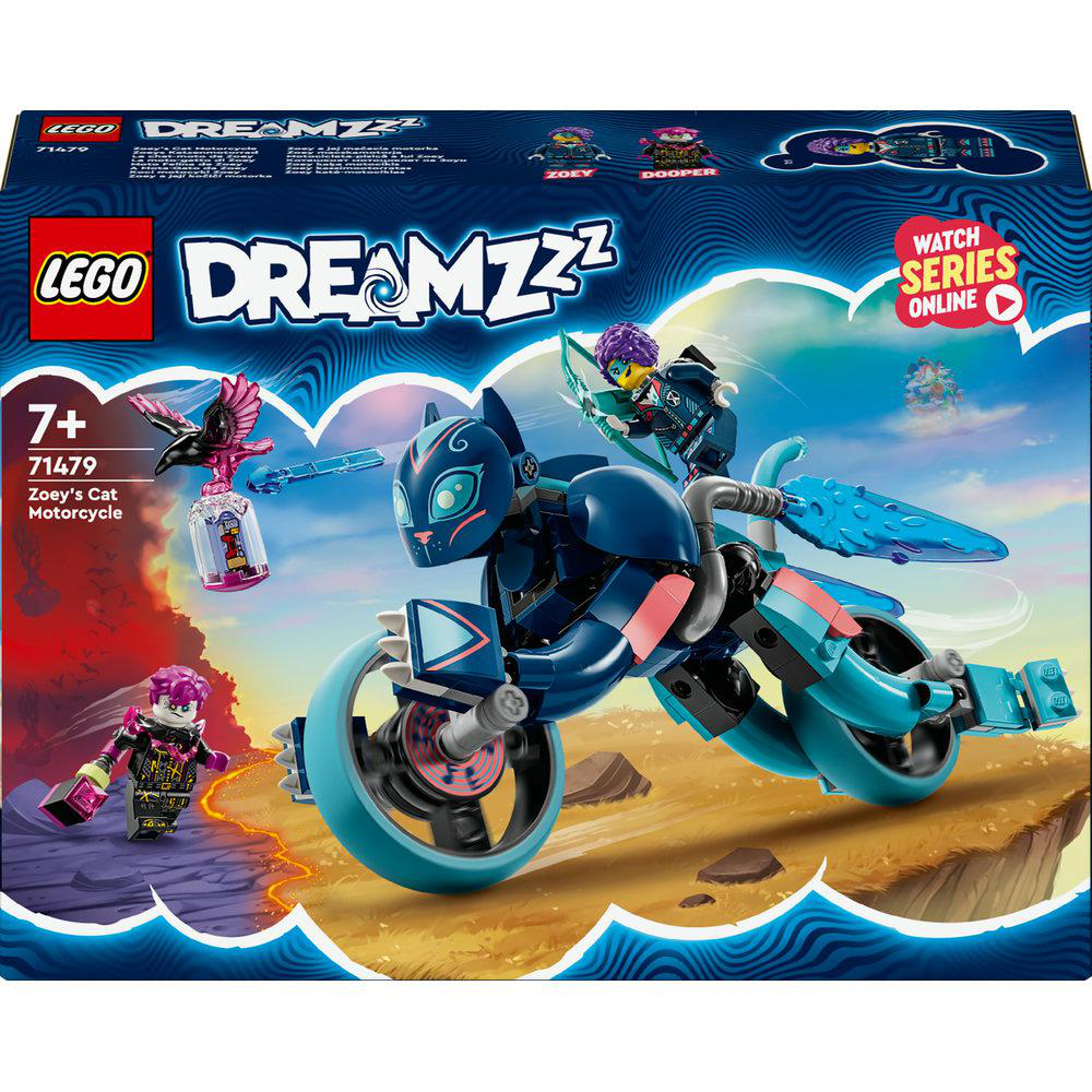 Lego Dreamzzz Box. Enthält ein blaues Katzenmotorrad-Spielzeug und zwei Lego-Figuren.
