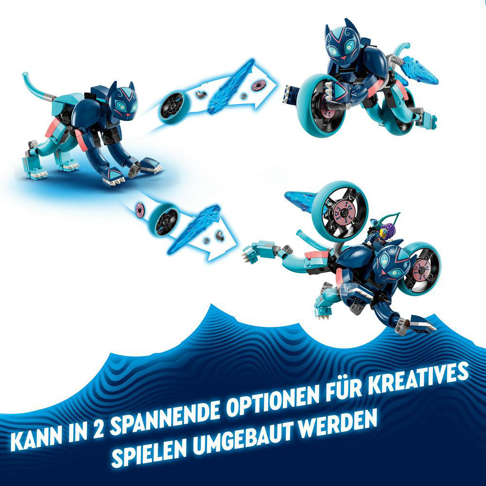 LEGO-Modelle, die sich verwandeln, blaue und schwarze katzenartige Figuren, Text auf Deutsch.