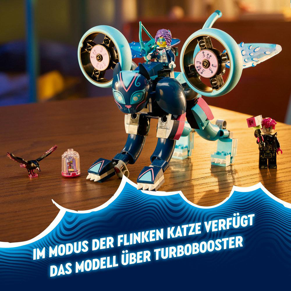 LEGO-Spielzeug eines katzenförmigen Fahrzeugs mit Minifiguren.