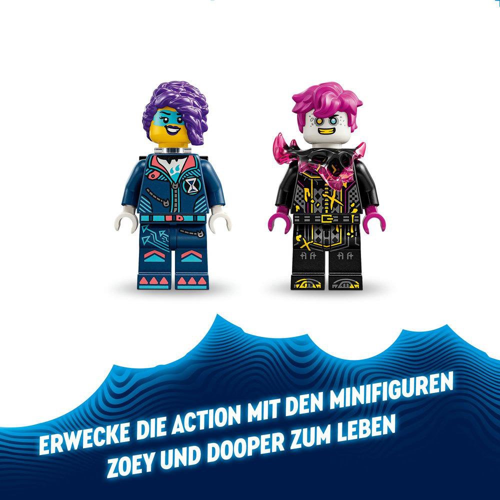 Zwei Lego-Figuren. Eine mit lila Haaren und eine mit pinken Haaren, beide lächeln. Weißer Hintergrund.