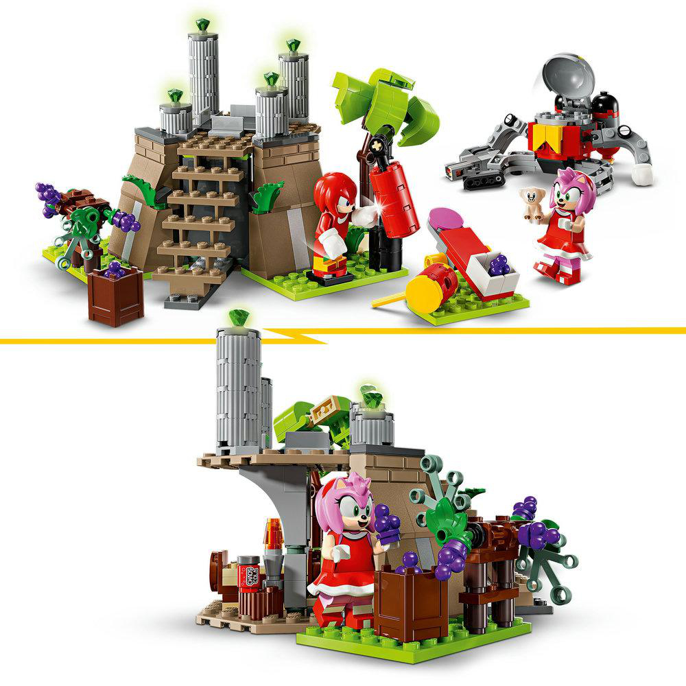 Lego-Set mit Sonic-Charakteren, Strukturen und einem Roboter auf weißem Hintergrund.