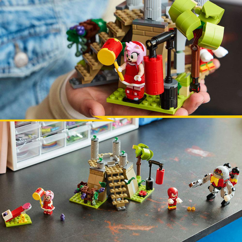 Zwei Lego-Szenen mit Amy Rose und anderen Lego-Charakteren in einem Sonic the Hedgehog-Themen-Setup.