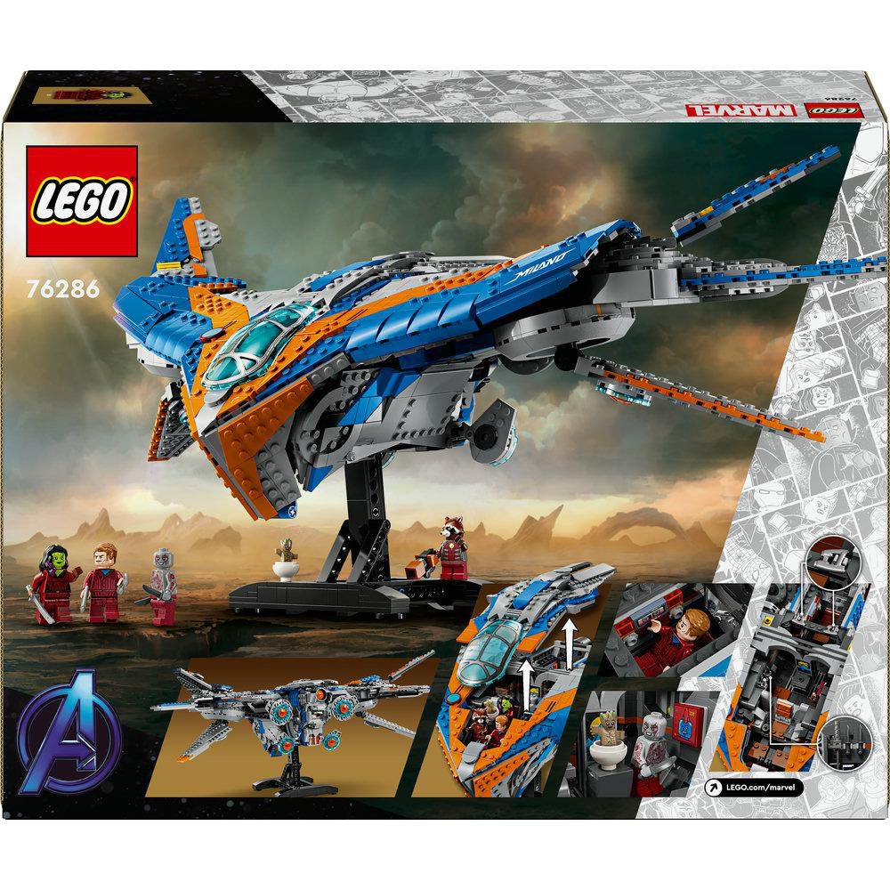 LEGO-Set des Raumschiffs Milano aus Guardians of the Galaxy. Die Box zeigt Schiff, Minifiguren und Illustrationen.