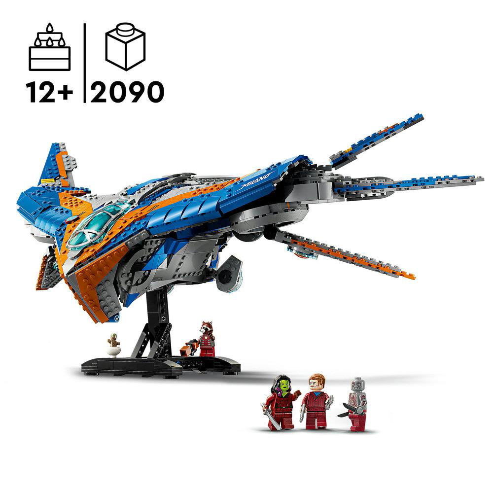 Lego-Set eines Raumschiffs mit Figuren und Ständer. Blaue, orange und graue Farben.
