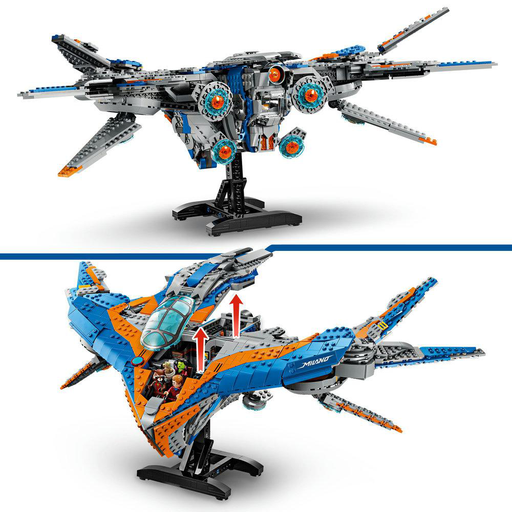 Zwei Bilder eines LEGO Milano Raumschiffs. Eines mit geöffnetem Schiff.