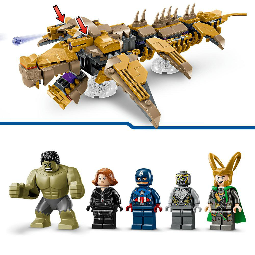 Lego-Set mit Thanos' Schiff und Lego-Figuren von Hulk, Black Widow, Captain America und Loki.