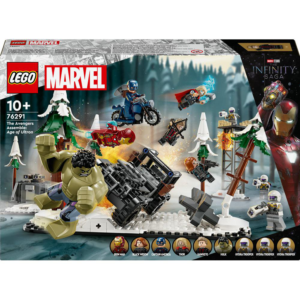 Lego Marvel Avengers Set-Box mit mehreren Figuren und Szenen.