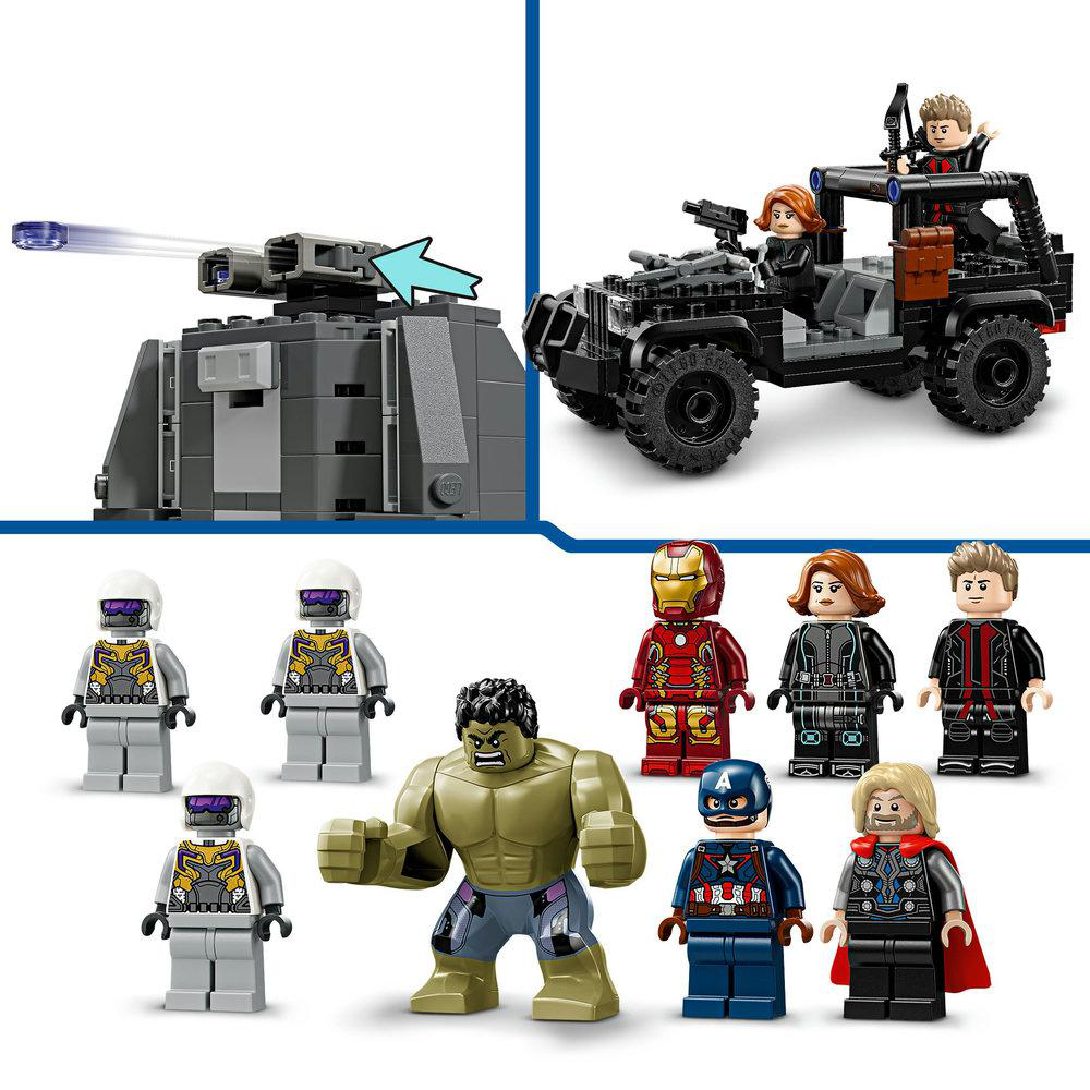 Lego-Set mit Fahrzeug und Figuren. Enthält Hulk, Captain America, Iron Man, Black Widow und Thor.