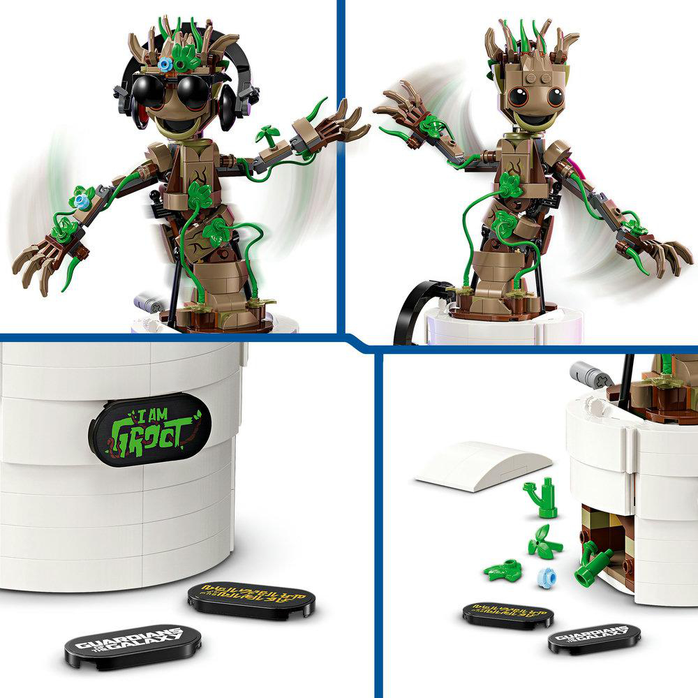 LEGO Groot Modell in verschiedenen Posen, Details des Modells und Montageschritte.