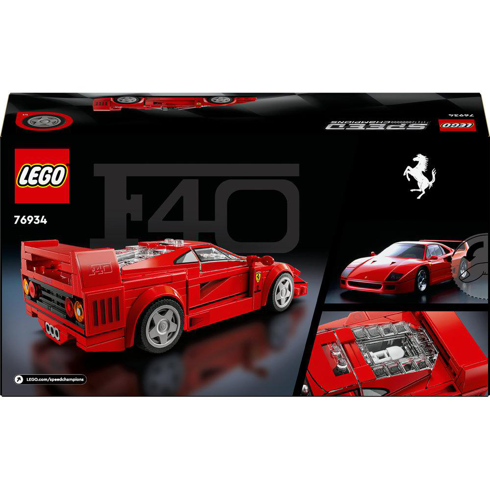 Lego-Box mit einem roten Ferrari F40-Modell, das Auto und seine Details zeigend.