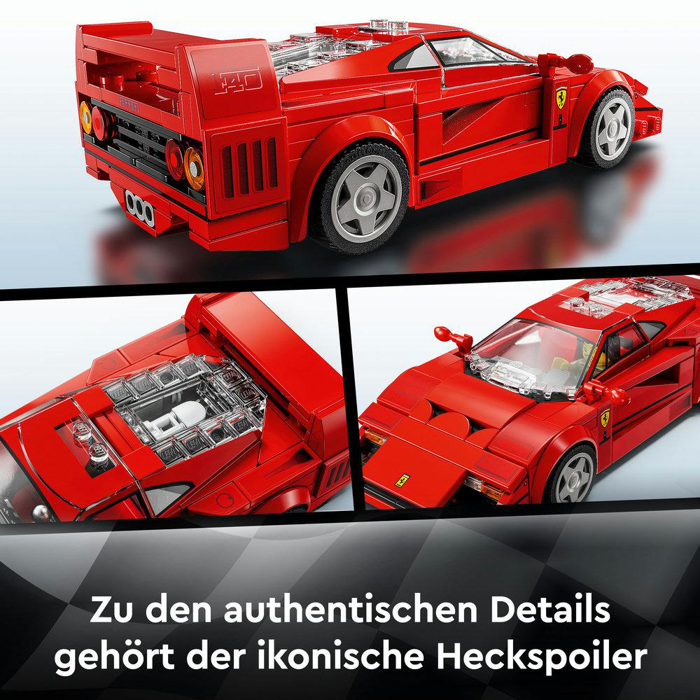 Drei Bilder eines roten Lego Ferrari F40 Modells, die Details des Autos zeigen.