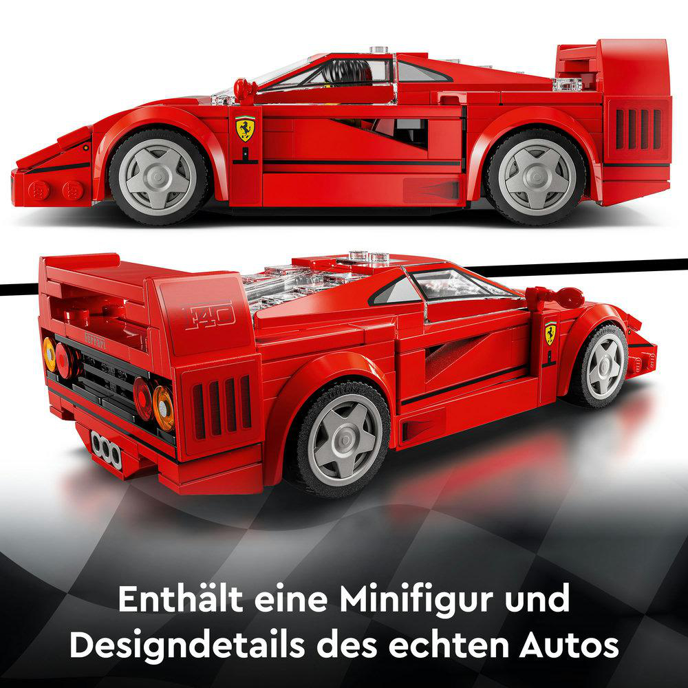 Zwei rote LEGO Ferrari F40 Modelle. Text: Enthält eine Minifigur und Design-Details des echten Autos.