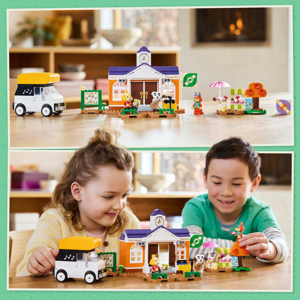 Lego-Set mit zwei Kindern. Das Set enthält eine Schule, einen Van und verschiedene Figuren.