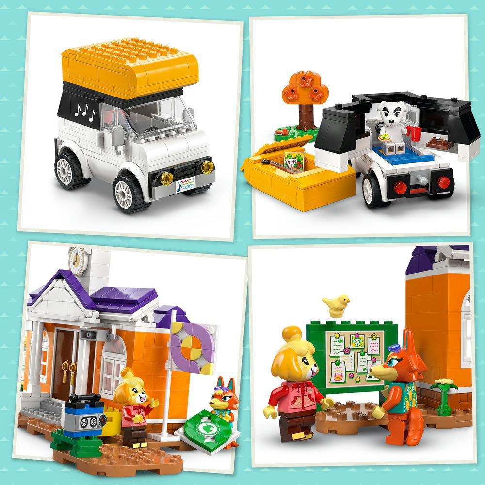 Eine Collage von Lego-Sets mit einem Wohnmobil, einer Partyszene und einer Schule mit Figuren.