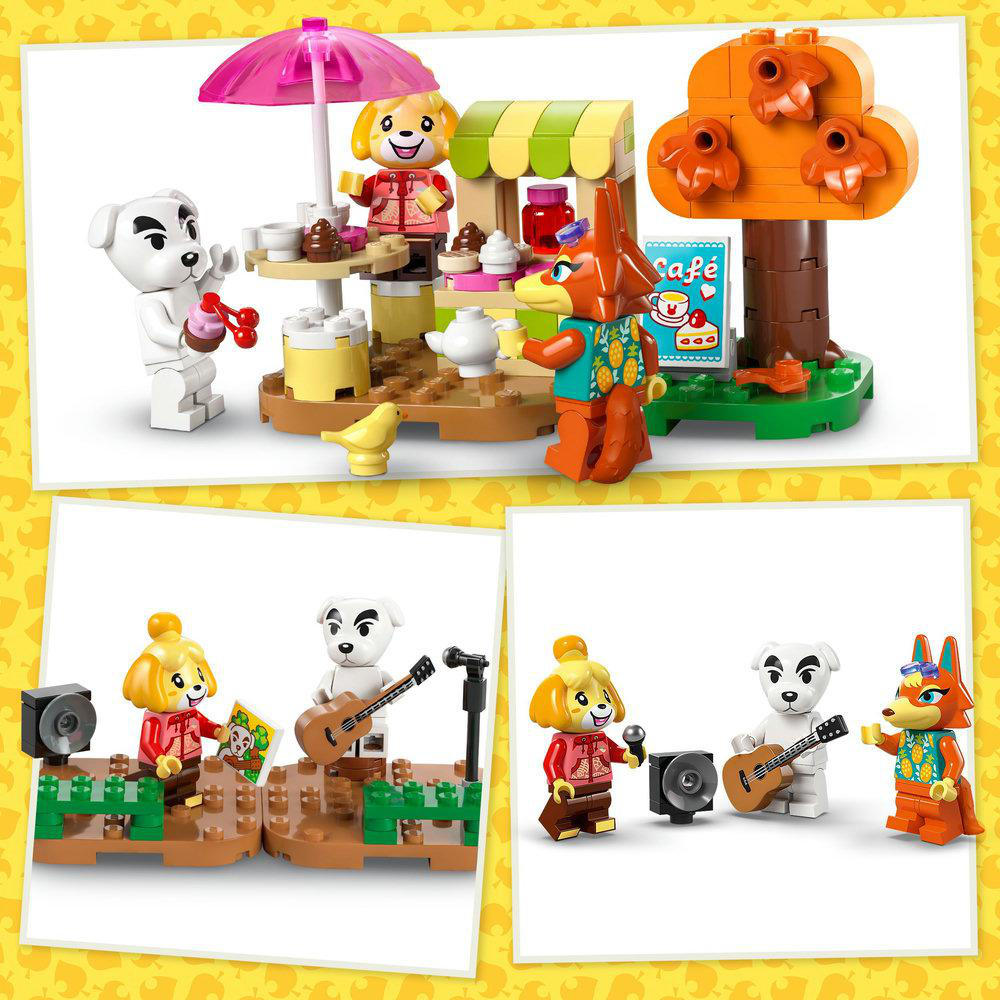 Lego Animal Crossing Szene mit Charakteren und einem Café.