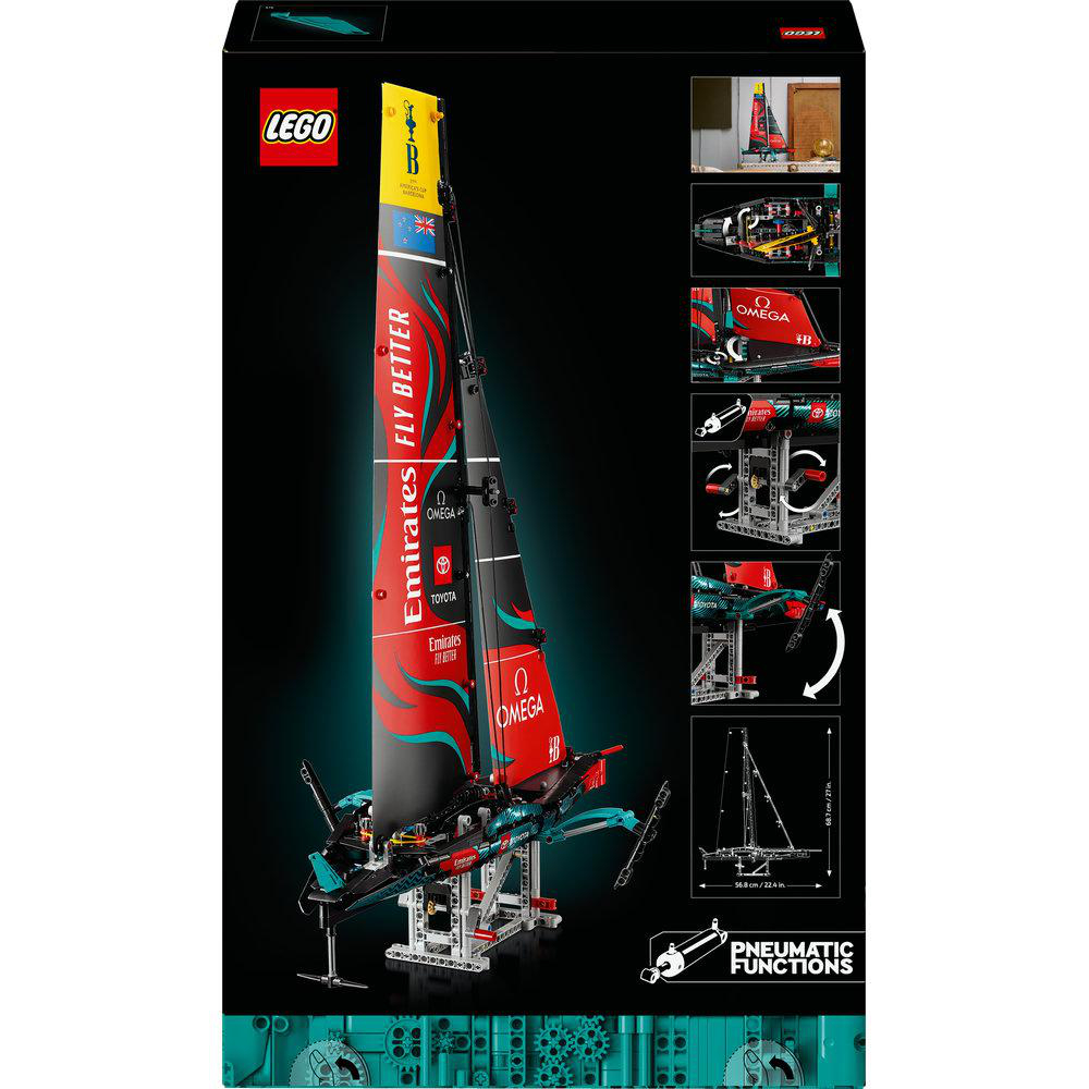 Rückseite einer Lego-Box mit Segelschiffmodell mit Emirates-Branding.
