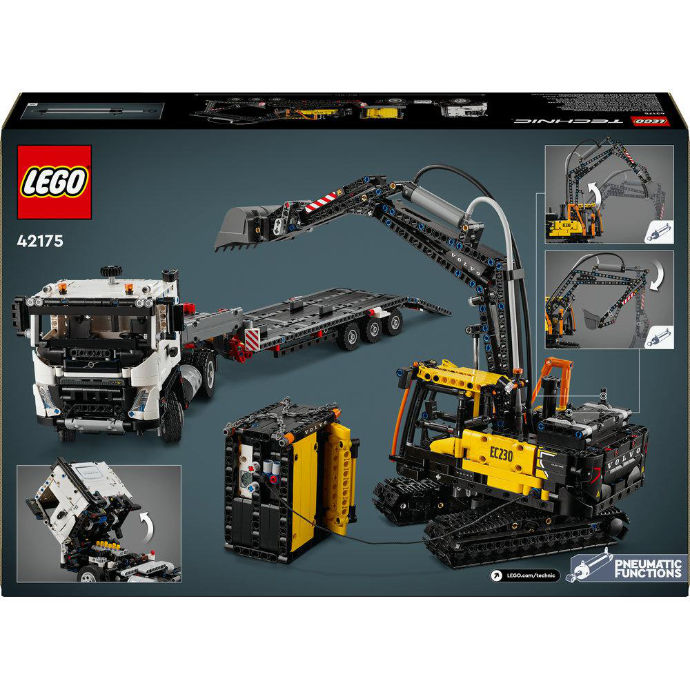 Ein Lego Technic Set Karton mit einem Baufahrzeug. Der Hintergrund ist schwarz.