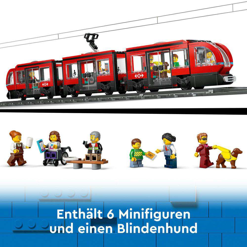 Ein roter Zug mit Personen im Inneren und sechs Minifiguren mit einem Blindenhund. Unten steht 'Enthält 6 Minifiguren'.