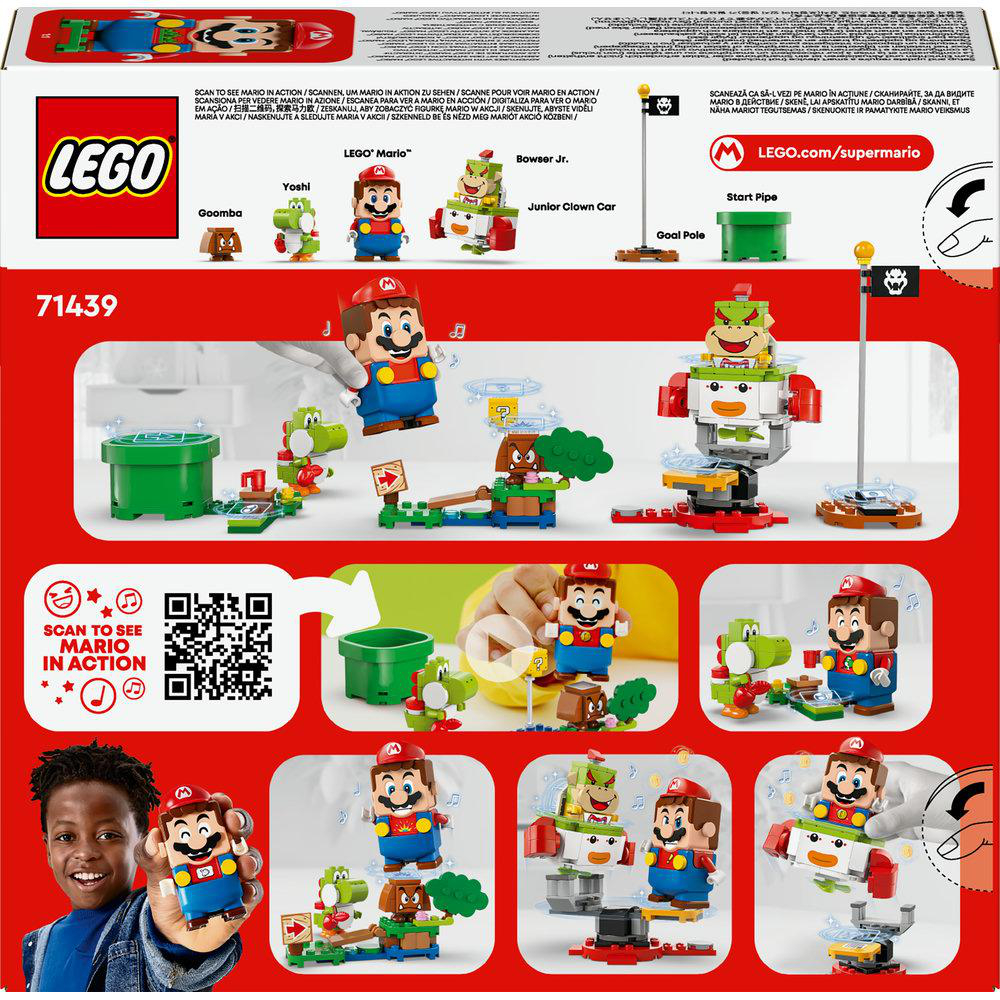 Lego-Set mit Mario, Yoshi und Bowser Jr. Figuren, plus grüner Röhre und anderen Spielelementen.
